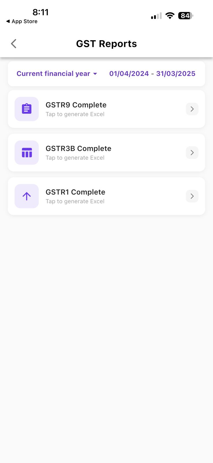 GST reports — GSTR1, GSTR3B, GSTR9