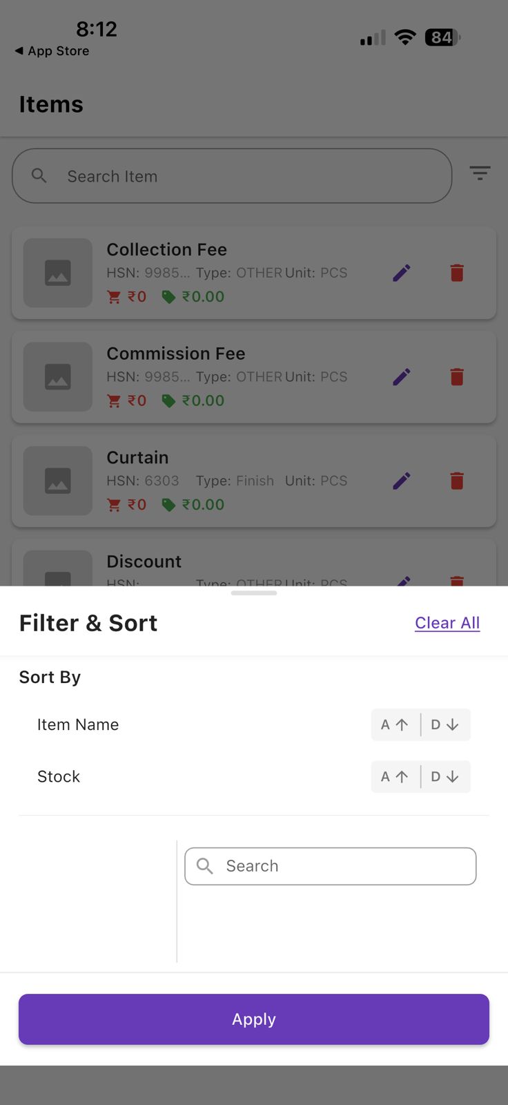 Item management with filter and sort