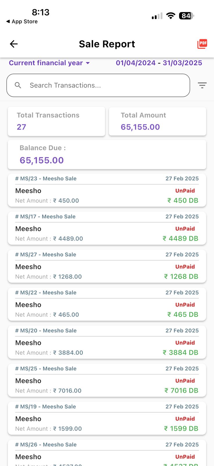 Sales report screen